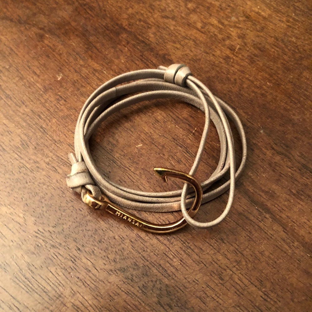 Miansai Rose Gold Fish Hook Grey Leather Strap